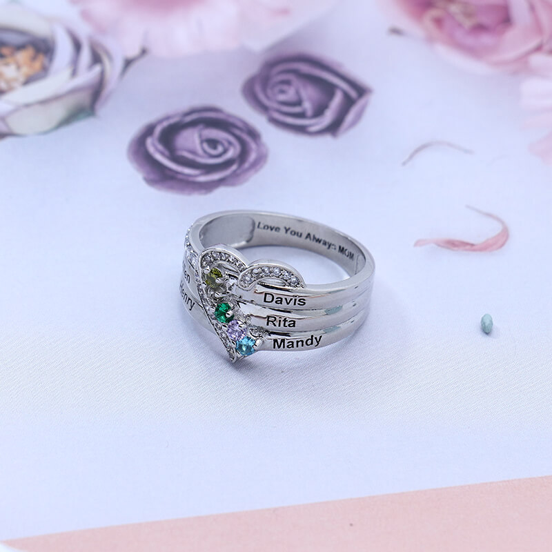 Personalized Heart Birthstone Family Ring 