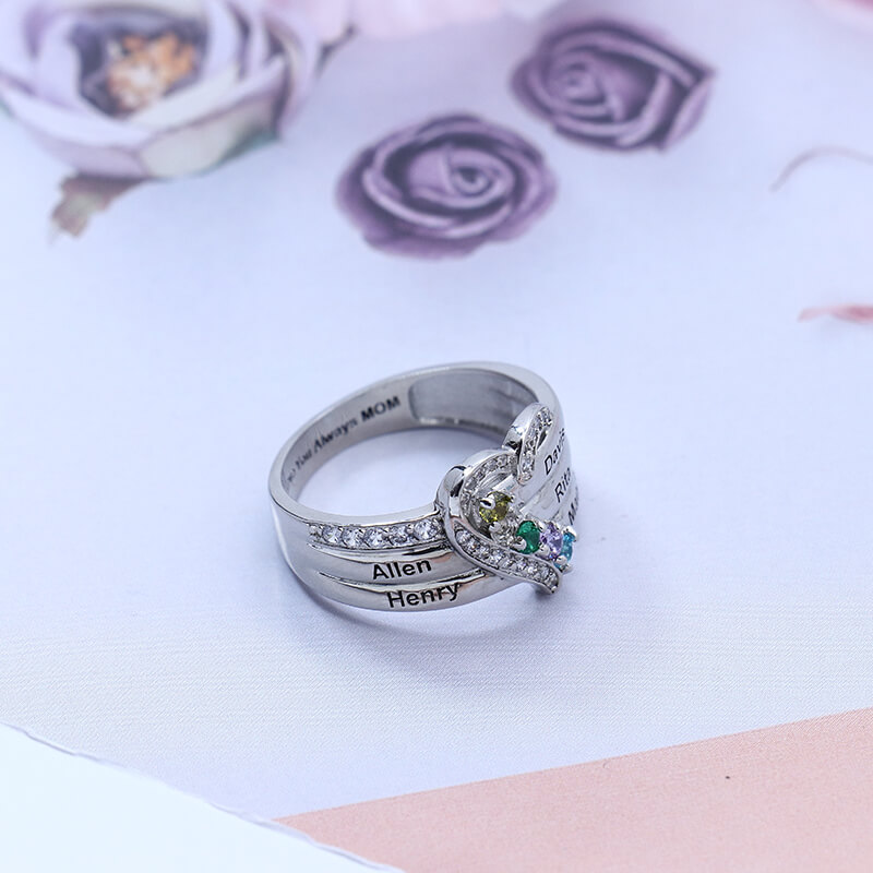 Personalized Heart Birthstone Family Ring 