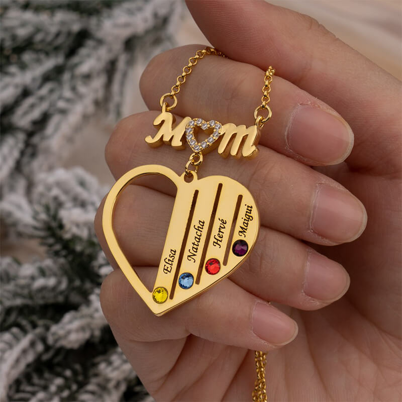 Personalized mom heart name birthstone necklace