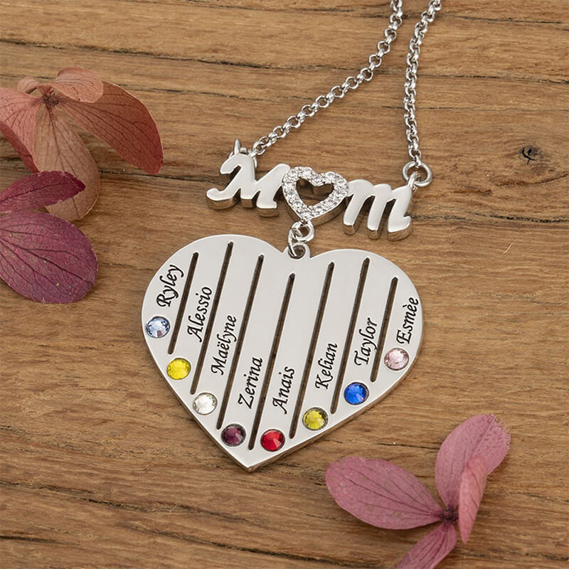 Personalized mom heart name birthstone necklace