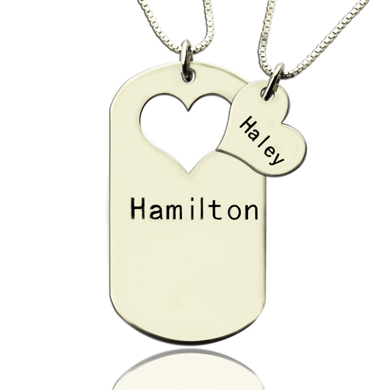 Name Dog Tag Necklace Set with Cut Out Heart