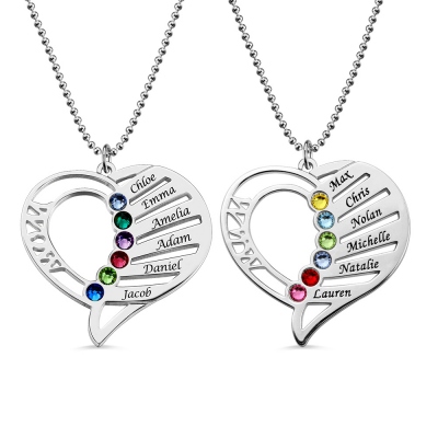 Engraved Heart Mother Birthstones Necklace