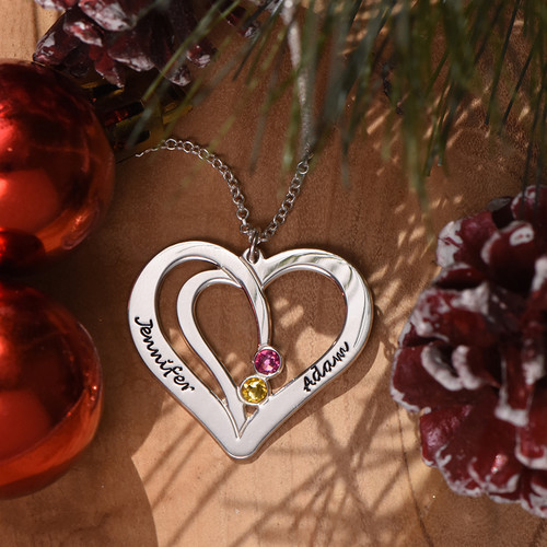 Engraved Couples Birthstone Necklace
