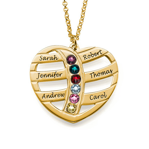 Gift for Mom - Engraved Gold Heart Necklace with Birthstones