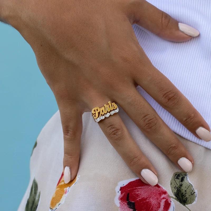 Two Tone with Heart 18K Gold Plated Personalized Name Ring