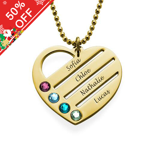 Birthstone Heart Necklace with Engraved Names