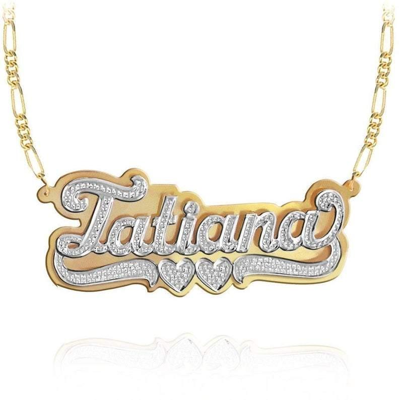 18K Gold Plated Personalized Double Layer Two Tone Name Necklace with Two Heart