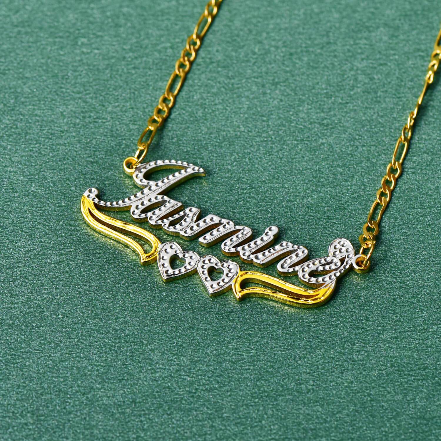 18K Gold Plated Personalized Two Tone Name Necklace with Double Heart