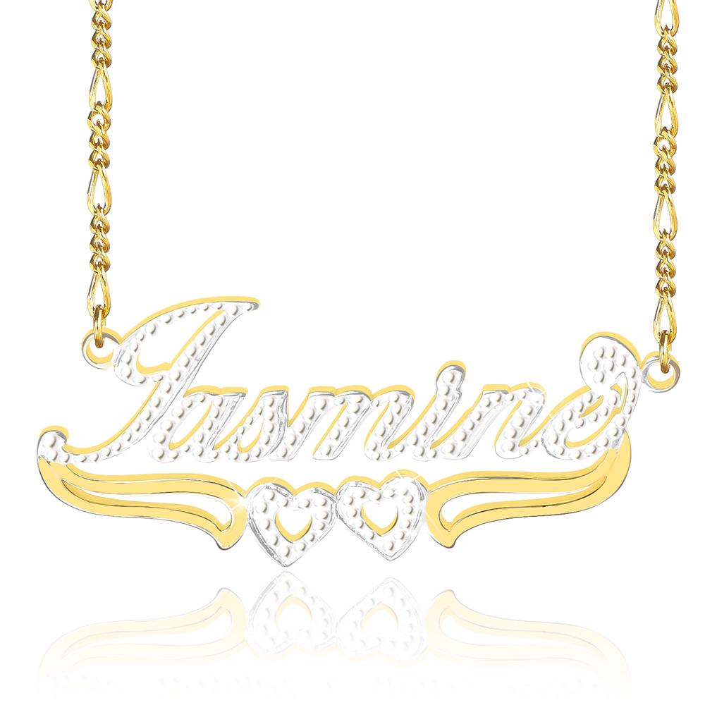 18K Gold Plated Personalized Two Tone Name Necklace with Double Heart
