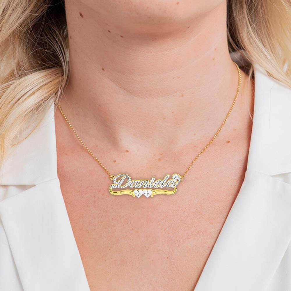 18K Gold Plated Custom Double Heart Two Tone Name Necklace