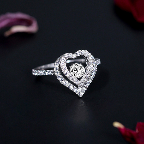 White Gold Dancing Stone Heart Ring With Cubic Zirconia Stones